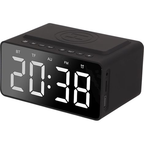 Réveil numérique sans fil avec fonction de chargement de téléphone portable, design miroir LED, compatible avec les cartes mémoire électroniques, radio-réveil FM noir. (1/5)