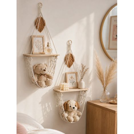 (M03570-2pc) Étagère murale bohème en macramé avec panier en filet, étagère flottante en bois pour la décoration de la maison, de la chambre au salon, et le rangement de la cuisine. Idée cadeau. (1/5)