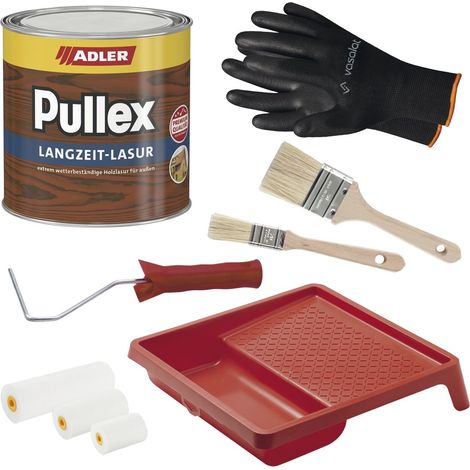 Adler Pullex Langzeit Lasur - Holzlasur Außen Wetterfest - kein Abblättern bei Witterung und Schutz gegen Bläue- und Schimmelbefall - mit 2x Pinsel + Lackroller Set mit Farbwanne, Lärche 750ml (1/5)