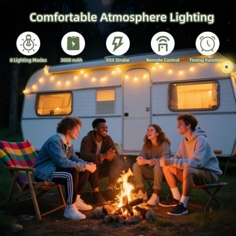 10M Guirlande Lumineuse Escamotable , Solaire et Chargement USB LED Guirlande Camping avec 8 Modes D'éclairage , Télécommande , Étanche Extérieur Lampe Camping pour Tente , Jardin , Fête Trekking
