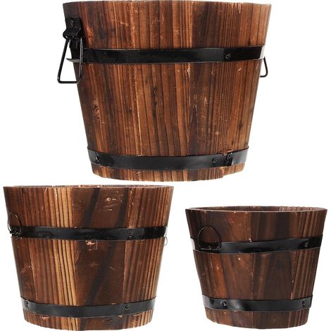 3 Stück Blumentöpfe aus Massivem Holz im Vintage Stil (1/5)
