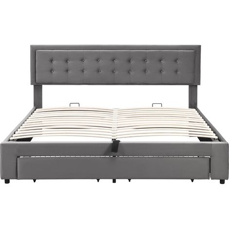 Lit avec coffre et tiroirs, tissu velours, lit rembourré, sommier à lattes, lit double, grand espace de rangement, 180 x 200, gris (1/5)