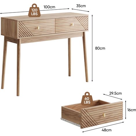 Table d’appoint vintage style Mid-Century Moderne, bureau console avec tiroirs et étagères ouvertes, meuble bas en chêne pour salon, entrée ou couloir.