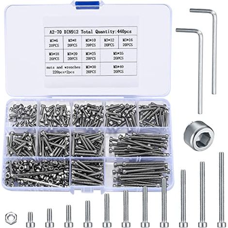 Set di 440 viti e dadi M3, assortimento di viti esagonali, bulloni e dadi in acciaio inossidabile, viti a testa cilindrica con esagono incassato e viti a testa bombata. (1/5)