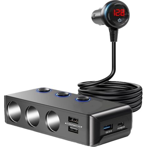 Car charger with 120W high power output, 1 to 3 cigarette lighter sockets, 4 USB ports, digital display, and independent switch TR30P -- All black. (1/4)