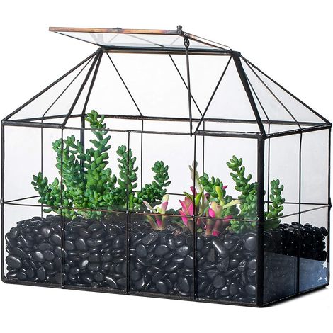 Jardinière de Terrarium géométrique Noir de 24,9cm de Long - en Forme de Grille Décoration en Verre pour Plantes Grasses/aériennes, Pot de Fleurs Miniature (1/5)
