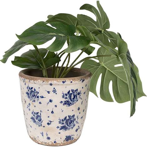 Pot céramique beige bleu motif florale 14x15x15cm (1/2)