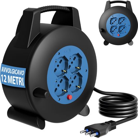 Avvolgicavo Multipresa 12 Metri con Interruttore di Protezione Prolunga 4 Prese