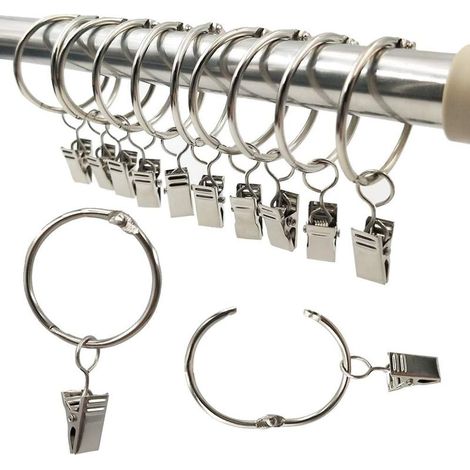 Gardinenringe, 20 Stück mit Clips, dekorative Metall-Gardinenclips, 38 mm Innendurchmesser, silberfarben, rostfrei, leicht zu öffnende Clipringe (1/5)