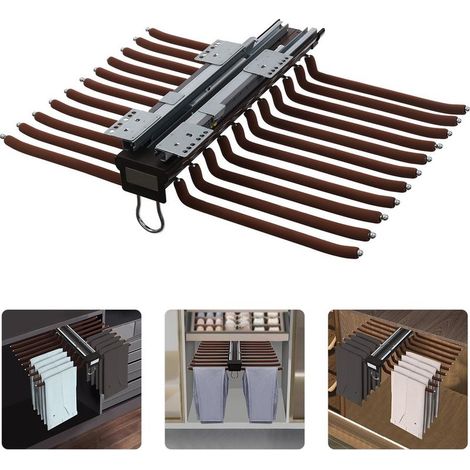 Cintre pantalon extensible 22 barres, charge 15kg, rails silencieux, design moderne couleur café. Gain de place dressing. (1/5)