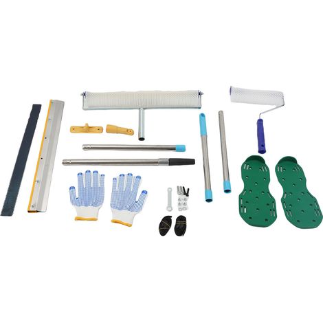 Kit outil ciment autonivelant – Construction sol béton professionnel, chaussures pointes, rouleau, gants (1/4)