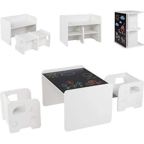 3 Pieces Kids Table and Chair Set with Space-saving Toddler Table and 2 Chairs-White (1/5)
