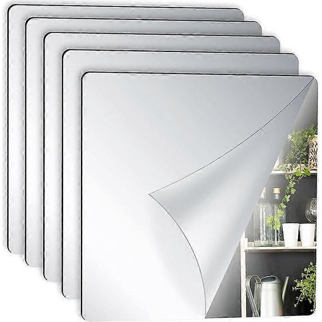 Feuilles de miroir flexibles autocollantes, carreaux miroir sans verre, stickers miroir muraux pour maison, lot de 5, 20 x 20 cm (1/4)
