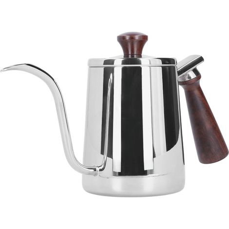 Bouilloire à filtre avec poignée en bois et long bec, en acier inoxydable 304, pour la maison. Modèle court, 700 ml. (1/5)