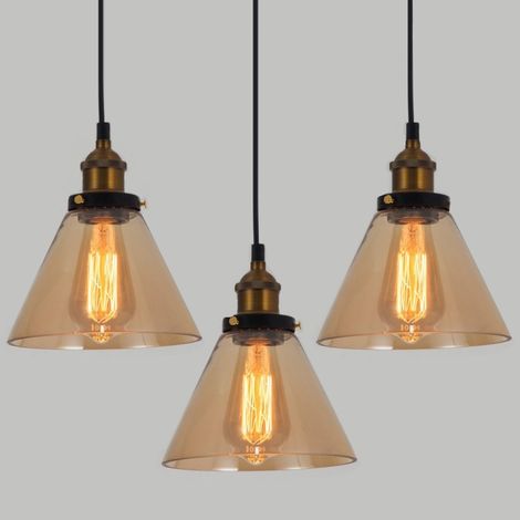 Lot de 3 Suspension Luminaire Industrielle Vintage Plafonniers Lustre Edison Lampe Suspensions Verre Ambre A