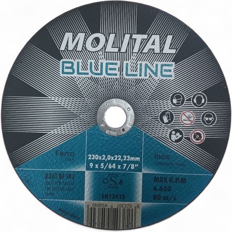 DISCO TAGLIO FERRO ACCIAIO INOX 230mm DISCHI SMERIGLITRICE BLUE LINE MOLITAL, "230x2,0x22"
