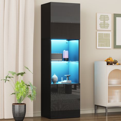 Vitrine haute brillance avec éclairage LED, 1 étagère en verre, vitrine sur pied, 45x35x160 cm, meuble haut - Noir (1/5)