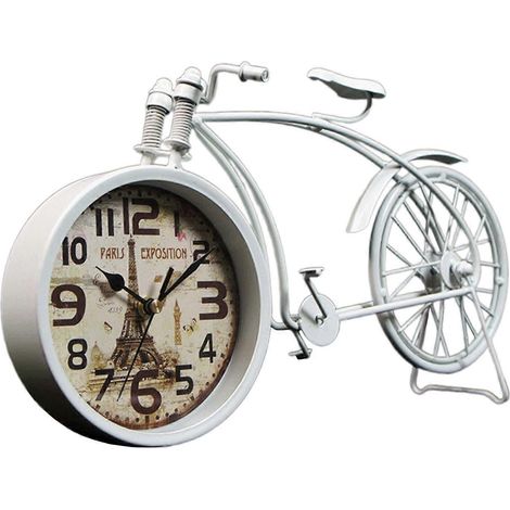 Réveil de bureau classique en forme de vélo, une élégante œuvre d'art en métal, offrant une précision horaire, convenant aux collectionneurs et aux passionnés, blanc. (1/5)