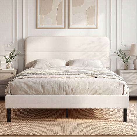 MODFU – Letto matrimoniale in metallo/lino con testiera regolabile 110-115 cm, 12 doghe, vano contenitore sotto letto e portata 300 kg – Beige (1/5)