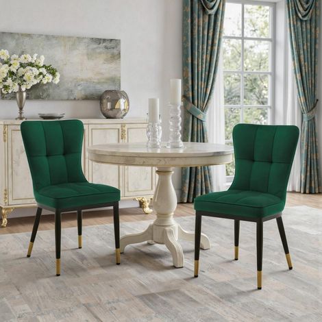 Lot de 2 chaises de salle à manger en velours vert, pieds métal noir et doré, 200kg (1/5)