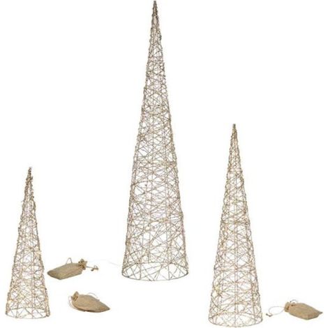 Set of 3 Battery Operated Light up Gold Weave Christmas Cone Trees with Warm White LEDs