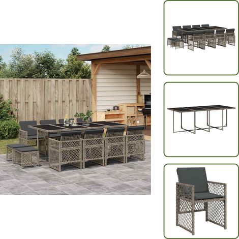 13-tlg. Garten-Essgruppe mit Kissen Grau Poly Rattan - Garten Essgruppe - Garten Essgruppen - Outdoor Essgruppe - Terrasse Essgruppe (1/5)