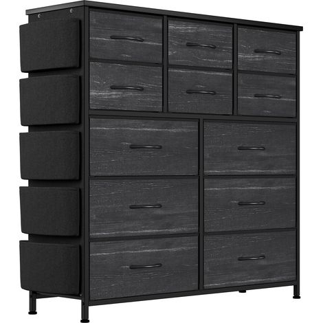 GARVEE - Commode 12 Tiroirs avec Rangement en Tissu, Meuble de Rangement Multifonction pour Entrée, Couloir, Chambre, Structure Métal Robustes, Plateau Bois, 99x30x110 cm(Noir) (1/5)