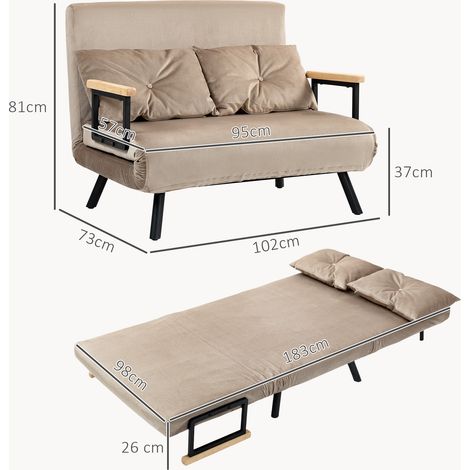 Canapé 2 places convertible, 102x73x81cm, dossier réglable sur 5 positions, coussin jeté inclus, pieds antidérapants, aspect velours, marron clair (1/4)