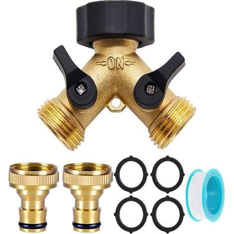 2-Voies Y-Distributeur Répartiteur 2 Voies 3/4" et 1/2" Y avec Adaptateur de Robinet pour arrosage du Jardin, Lavage, Animaux domestiques, débit d'eau réglable et verrouillable (1/4)