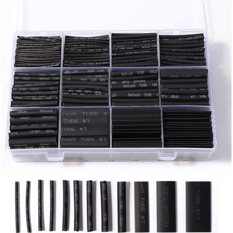 Lot de 900 gaines thermorétractables noires pour isolation électrique, 12 tailles, rapport de rétrécissement 2:1 (1/5)