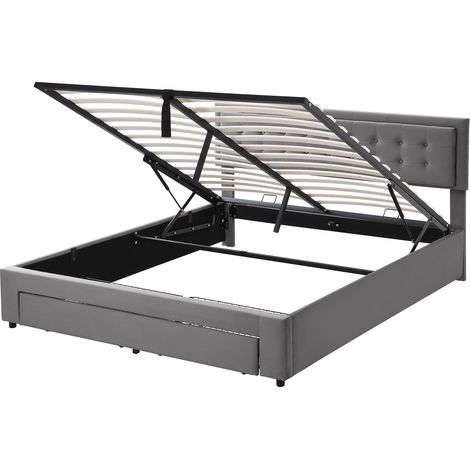 Cama doble de terciopelo gris 160 x 200 con arcón, cajones y somier, HOMVRA (1/5)