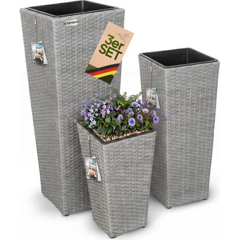 CASARIA® Set de 3 Macetas para Plantas Flores Macetero de Poliratán para Jardín Balcón Terraza Interior Exterior Gris
