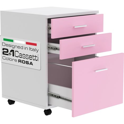 Cassettiera Scrivania Ufficio Legno MDF Mobiletto Stampante 3 Cassetti Rosa