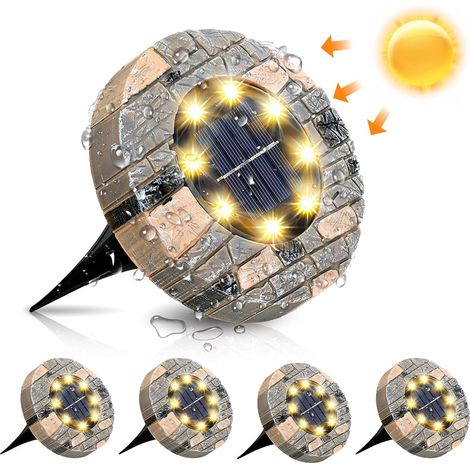 Lumière Solaire Extérieur Jardin Au Sol Lampes Encastrables 8 LED Elairage 3000K Blanc Chaud Etanche IP65 4 pack (1/4)