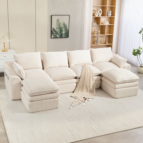 Canapé 4-Sitzer aus Cordstoff Beige 335x167x85 cm, modular mit 2 Hockern