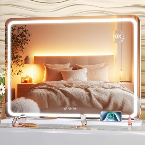 Miroir de Coiffure avec éclairage, 58L x 46l cm, 3 Modes de luminosité réglables, contrôle par écran Tactile, Miroir de Coiffure Rond Blanc (1/5)