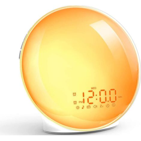 Eveil Lumière LED Radio Réveil Matin Lumineux Lampe de Chevet 20 Niveaux de Luminosité Simulateur d'Aube et Crépuscule 2 Réveils 7 Sons Naturels Fonction Snooze Veilleuse Enfant 7 Couleurs