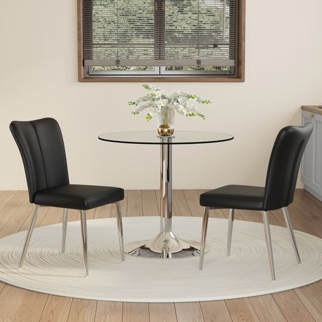 DESMIU Table de salle à manger ronde 2 chaises avec 2 sièges, structure métallique, pour cuisine et salle à manger, verre et PU, noir et argent, Ø 85 cm (1/5)