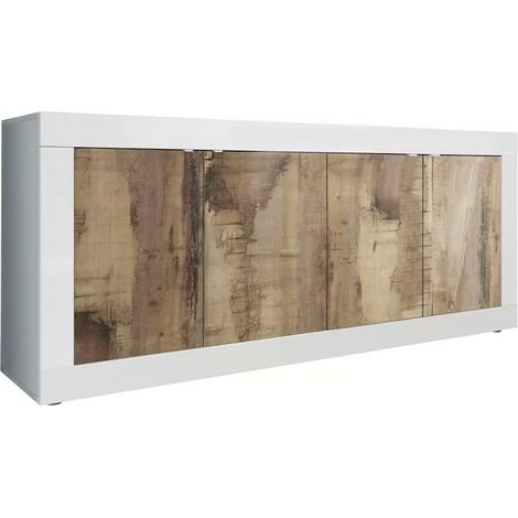 Buffet 4 puertas, colección ISORA, color blanco y roble claro, ideal para un salón o comedor moderno.