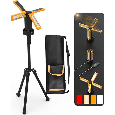 Projecteur de Chantier Solaire à LED Avec Trépied, Lampe de Chantier à Batterie Rechargeable 13200 mAh, Luminosité Maximale Jusqu'à 8000 Lumens(orange) (1/5)