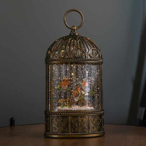 24cm Dual Powered Light up Christmas Cage Water Spinner with Robin Scene & LEDs (1/5)