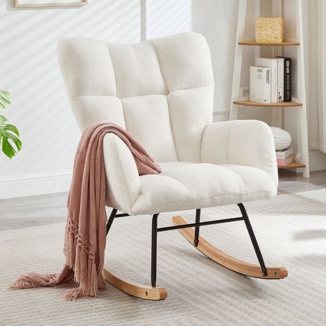 Sedia a dondolo 69x89x101 cm bianca in poliestere con struttura in legno e metallo, design scandinavo (1/5)