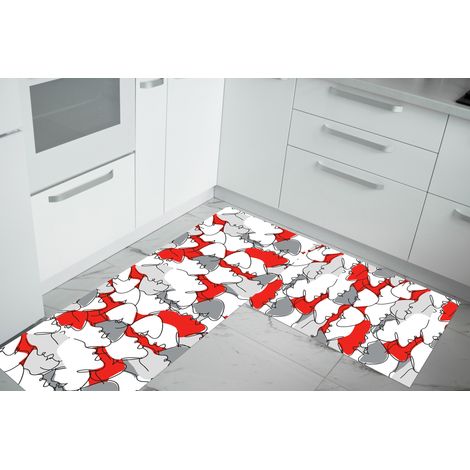 Set di 2 tappeti da cucina antiscivolo e lavabili in lavatrice passatoia multiuso Face Rosso - 50x60+50x120