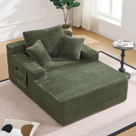 Divano in corduroy verde con tasche laterali, cuscino schienale e 2 cuscini decorativi (1/5)