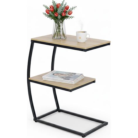 Relaxdays C-Shaped Side Table, 2 Shelves, HWD 58.5x47.5x25 cm, Table for Couch & Bed, Metal & MDF, Wood Look/Black