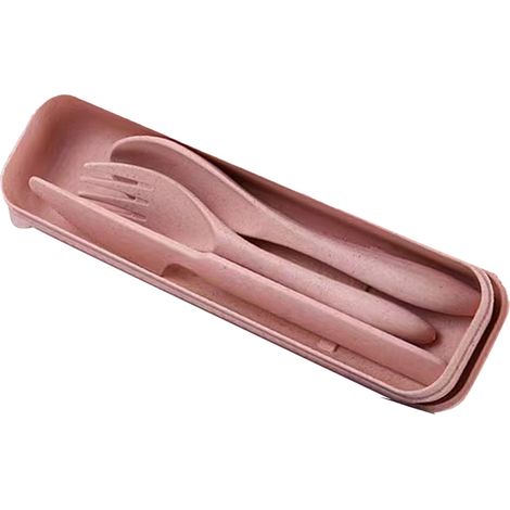 Ensemble de couverts en paille de blé rose, moderne et portable, comprenant une fourchette, une cuillère et un couteau, avec boîte. Idéal pour le bureau, l'école et les pique-niques. (1/5)