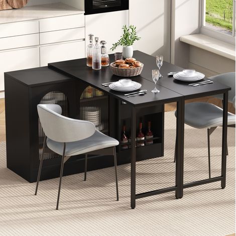 Table de bar extensible 121,5x40x76 cm avec plateau rotatif 360°, rangement et porte en verre, noir (1/5)