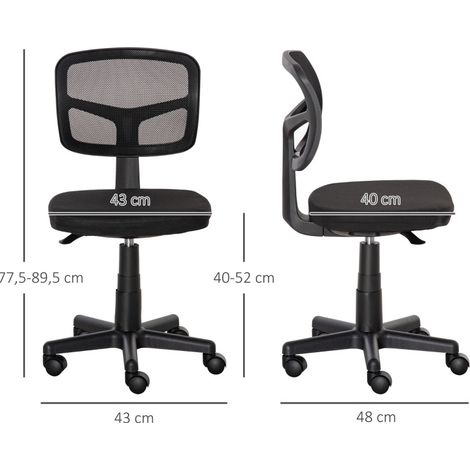 Chaise de bureau 43x48x77.5-89.5 cm noire en tissu maille sans accoudoirs réglable et pivotante (1/5)