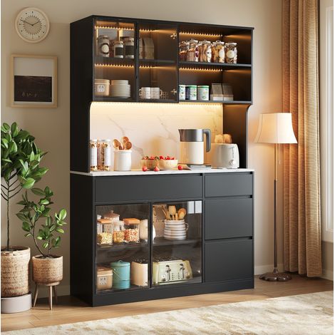 Buffet haut 120x40x180 cm noir et blanc en MDF avec LED, vitres et surface aspect marbre (1/5)