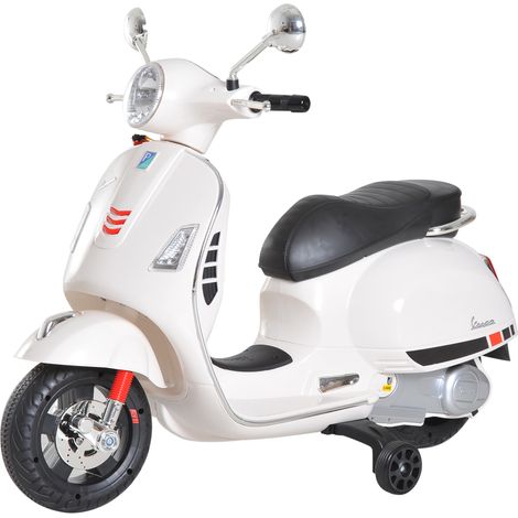 HOMCOM Vespa Moto Elettrica per Bambini, 6V Motorino Elettrico per Bambini 3-6 Anni con Musica MP3 USB Scheda TF, Ruote di Supporto, Luci e Suoni, 2-3km/h, Bianco